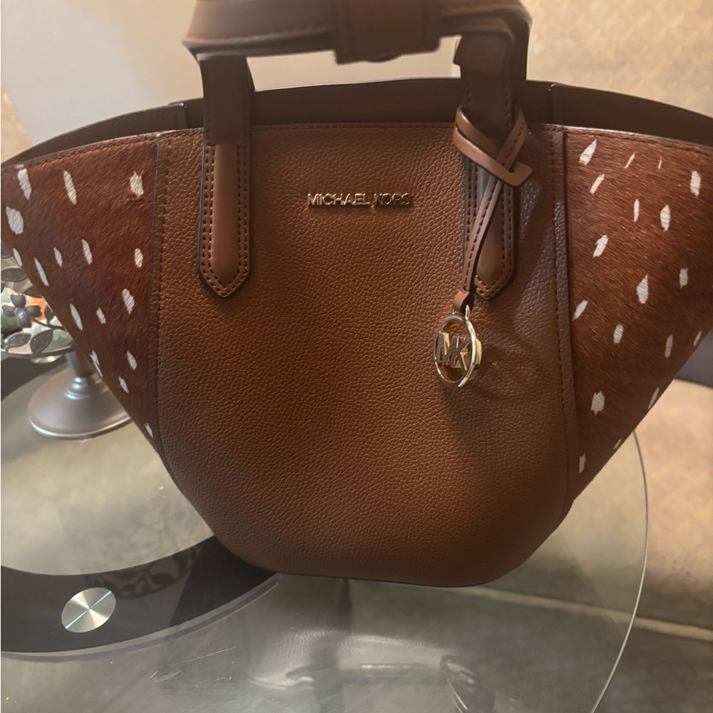 Michael Kors Cognac Brown Pebbled Leather Tote with Spotted Side Panels